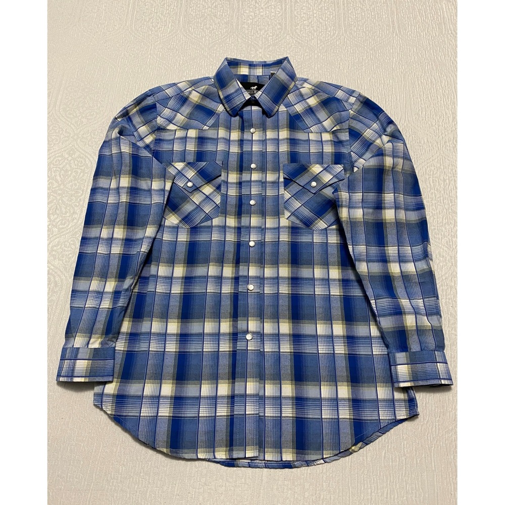 Western Express Plaid Pearl Snap Cowboy Shirt Men's L Blue Live at‎ Lagunitas